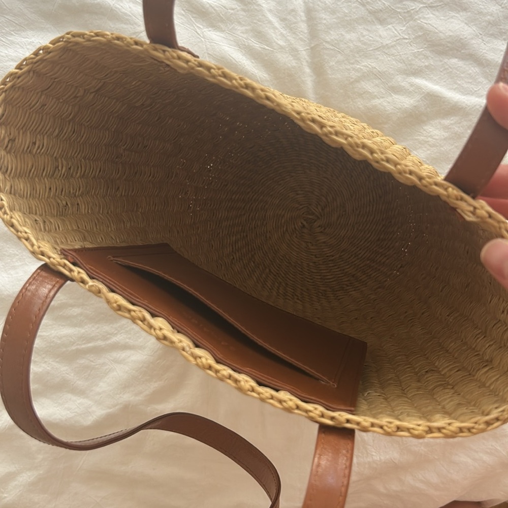 Bembien Raffia Saddle Tan Cognac Strap Woven Purse Basket Bag Summer Beach - Picture 4 of 6
